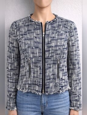 Joie Tweed Zip Jacket Blue White Cropped Fringe XS